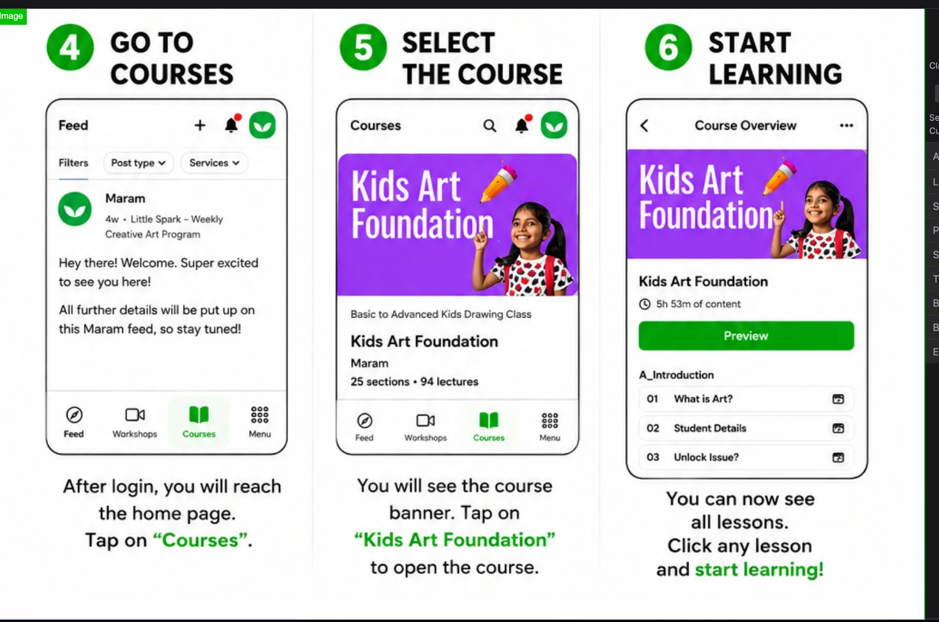 Steps 4–6 · Go to Courses, select the course, start learning