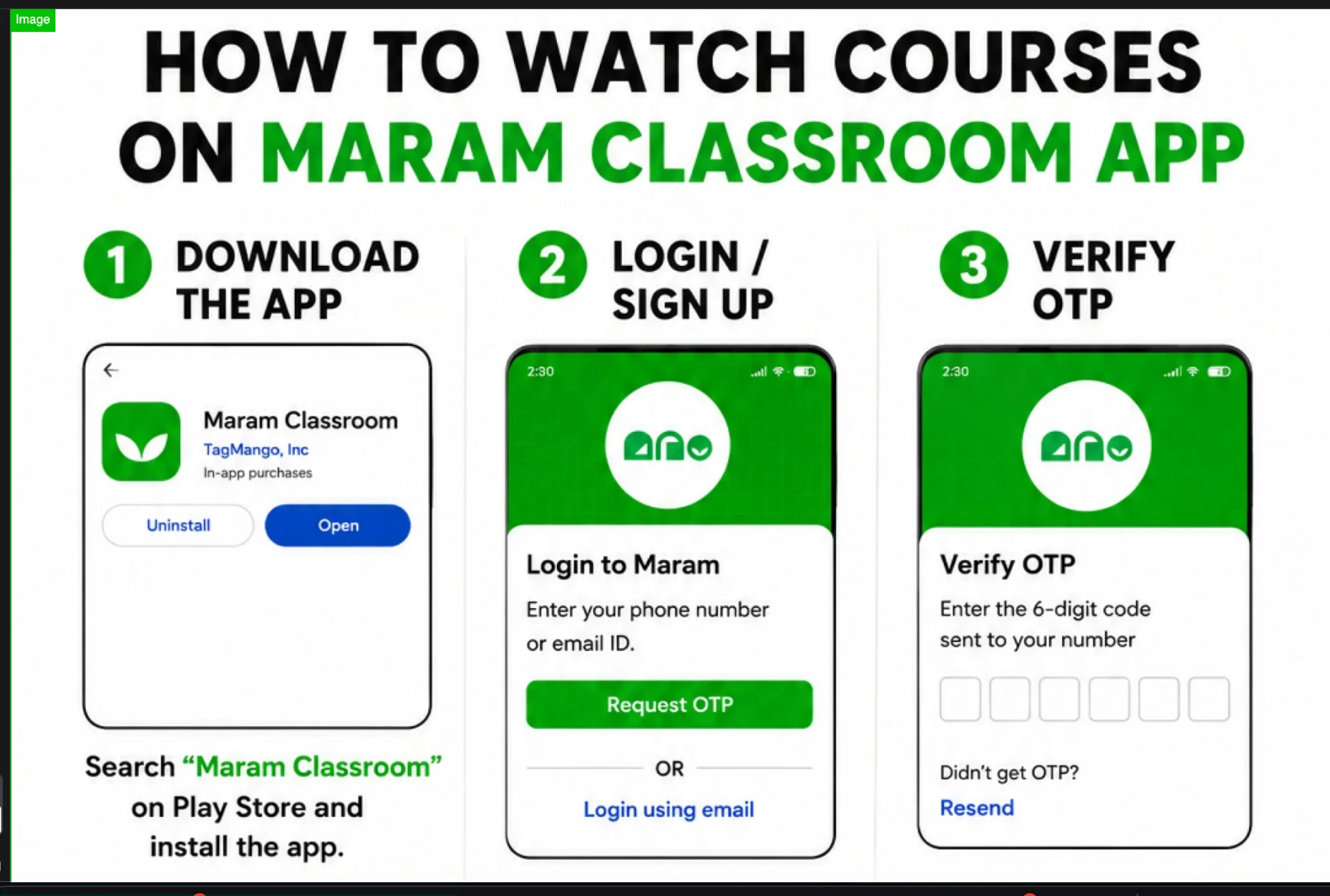 Steps 1–3 · Download the app, login / sign up, verify OTP